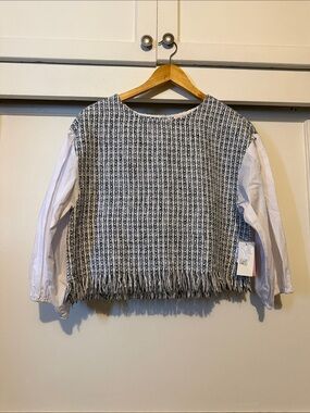Riley & Rae Black and White Tweed Fringe blouse with White Balloon Sleeves